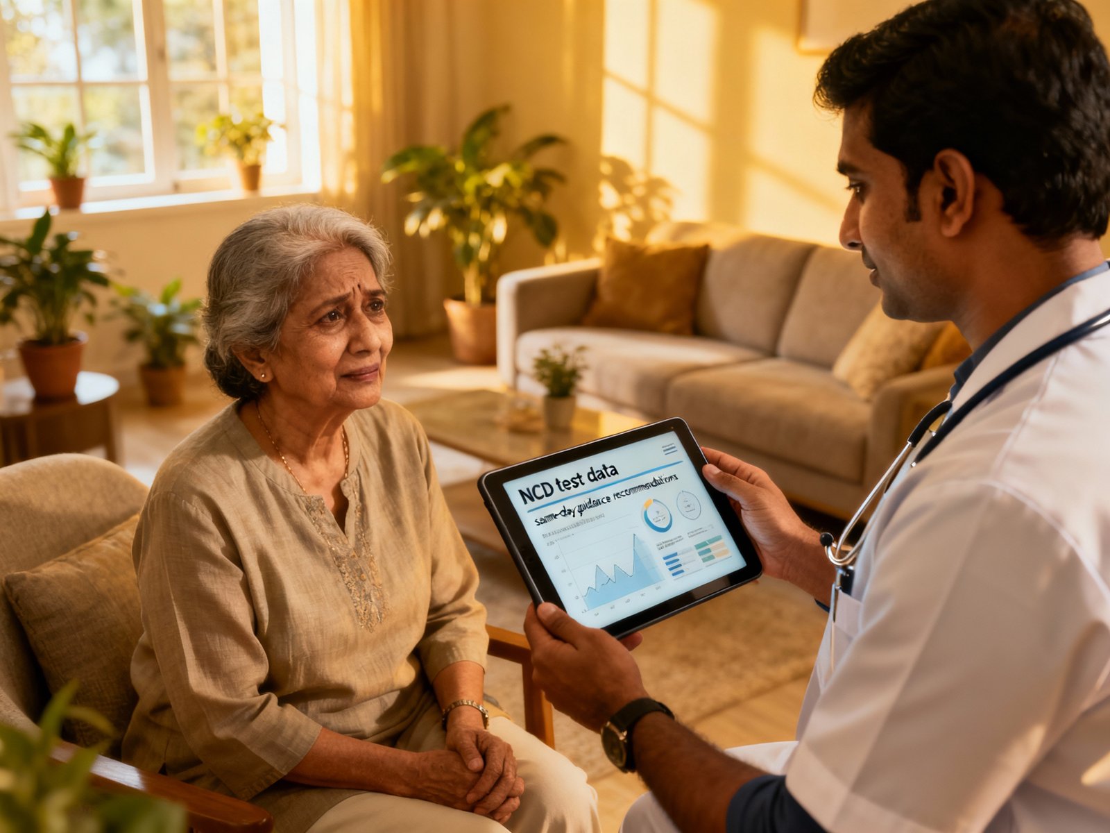 A health worker visiting a patient at home with a tablet